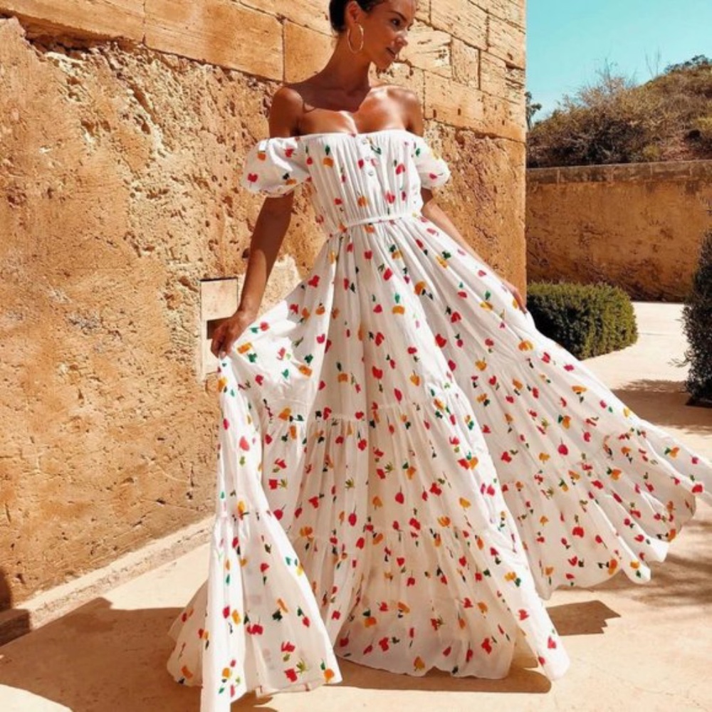 Boho Floral print off shoulder Maxi dress white